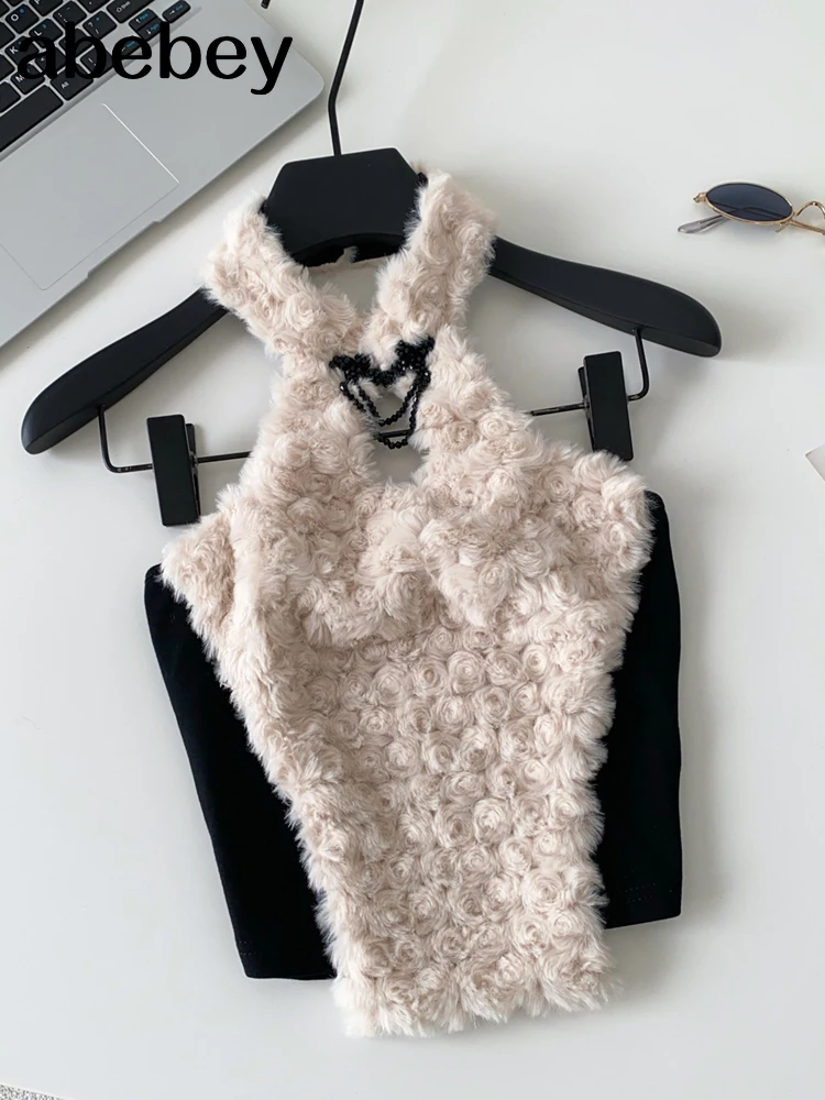 Turtleneck Fur Sexy Club Tank Top Women Fashion Bow Sleeveless Chic Camisole Streetwear Korea Fluffy Backless Mini Top