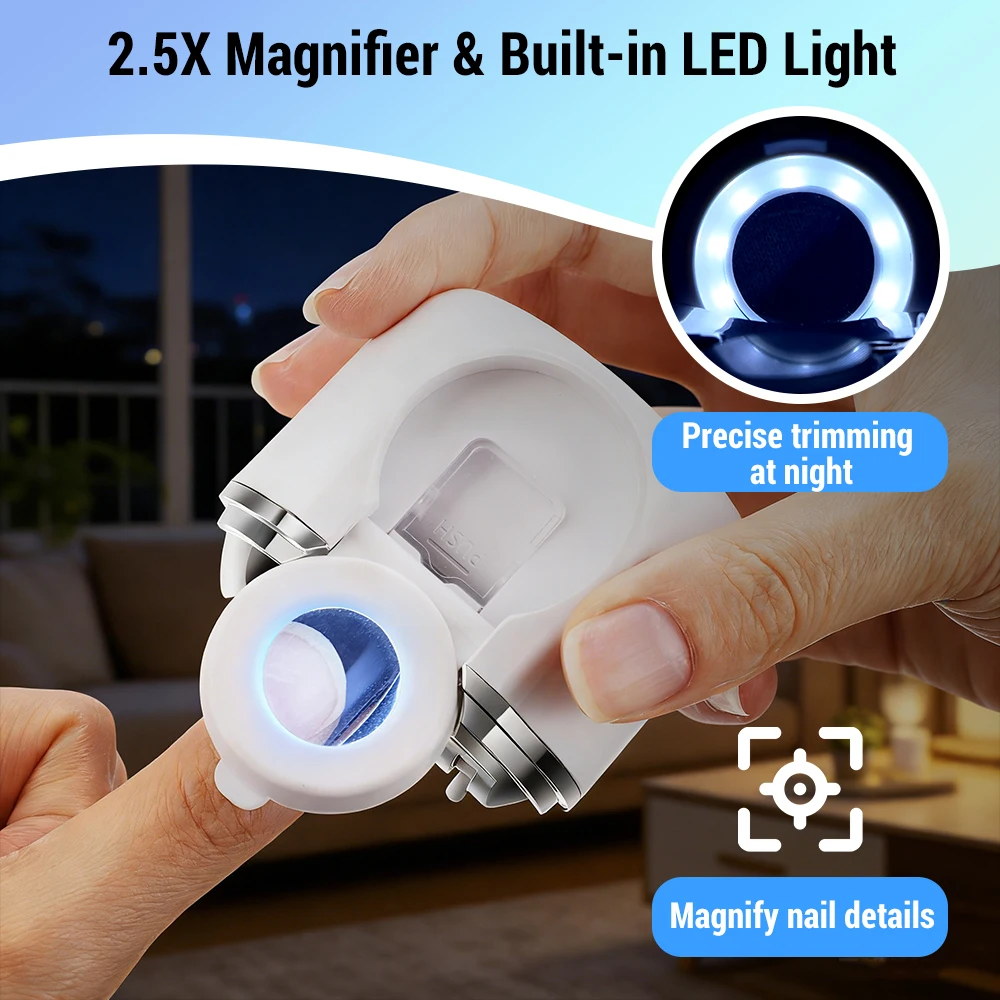 

Многофункциональный электрический триммер для ногтей с LED-подсветкой и увеличительным стеклом для взрослых и детей, маникюрный инструмент для стрижки и шлифовки ногтей.
