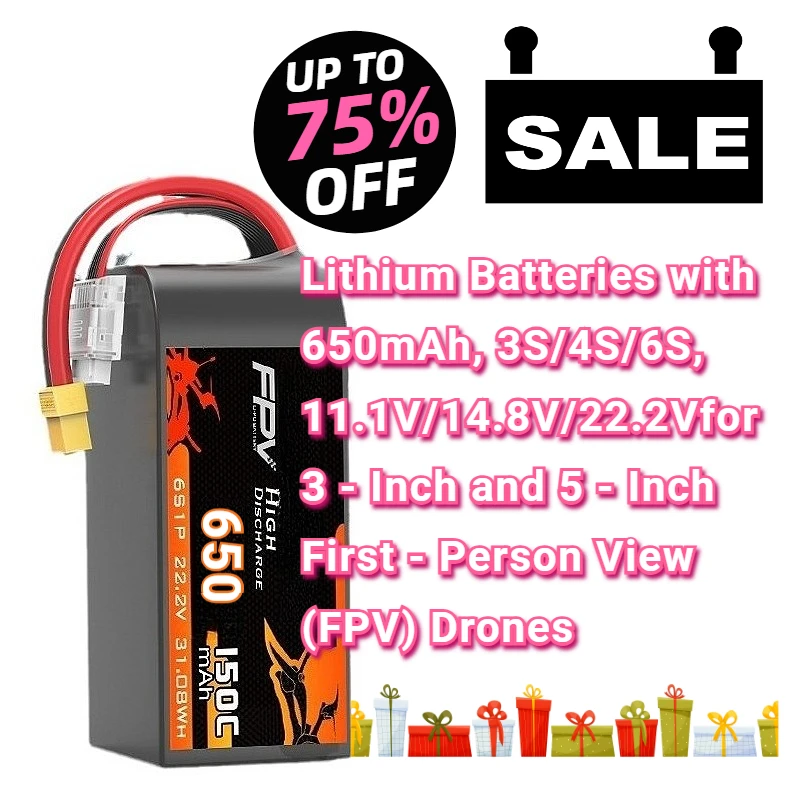 

Lithium Batteries with 650mAh, 3S/4S/6S, 11.1V/14.8V/22.2Vfor 3 - Inch and 5 - Inch First - Person View (FPV) Drones