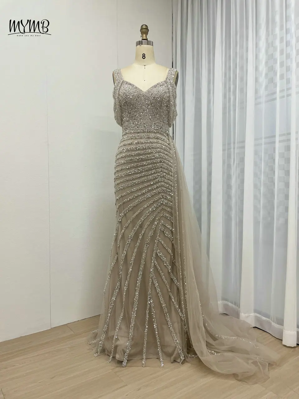 MYMB Off Shoulder Mermaid Arabic Luxury Evening Dresses for Wedding Party Exclusive Beaded Formal Occasion Gowns with Side Train