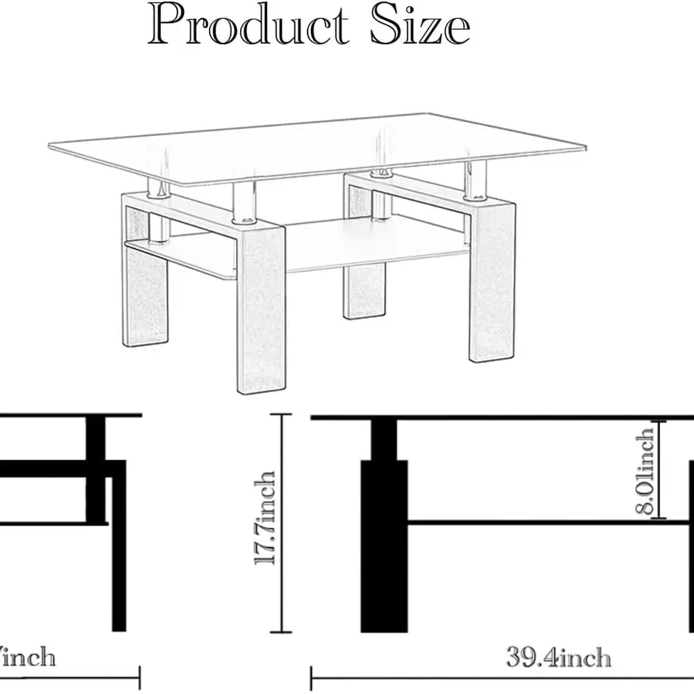 Rectangular Tempered Glass Coffee Table with Metal Frame, 2-Tier Storage for Living Room and Small Spaces