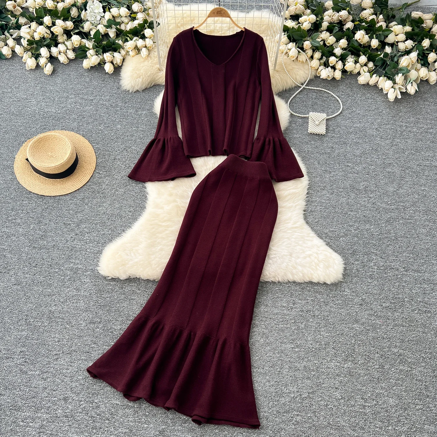 Women Two-Piece Sets Vintage V-neck Flare Sleeve Top High Waist Mermaid Skirt Korean High Street Autumn Winter Knitted Clothing