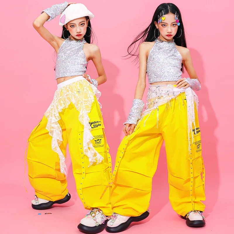 Mädchen K-pop Pailletten Crop Top Cargo Hosen Kinder Hip Hop Street Dance Kostüme Kinder Streetwear Mädchen Jazz Teen Kleidung sets