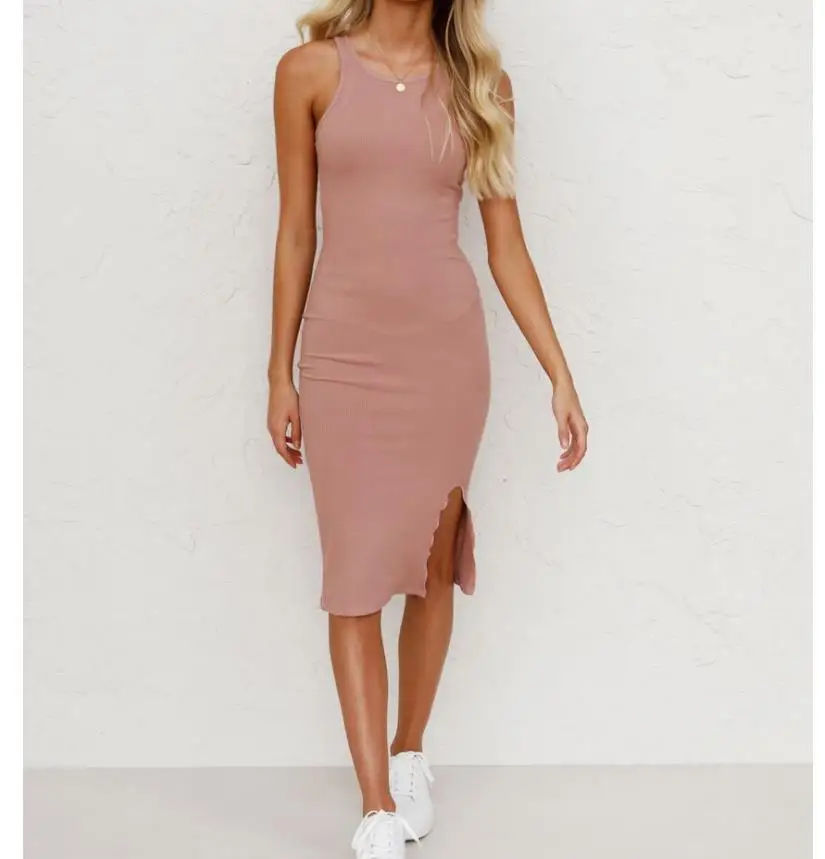 

Sexy Sheath Summer Crew neck Sleeveless Side Split Midi Women Dress