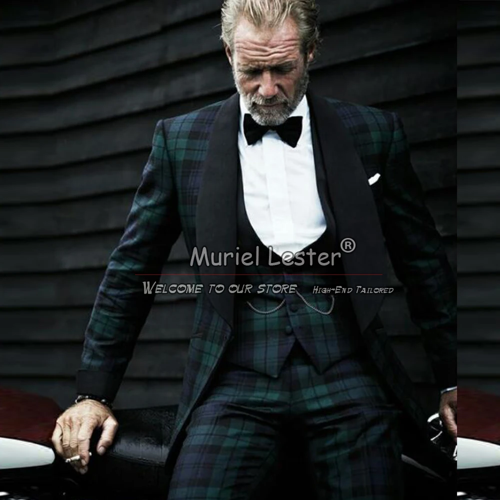 

Bespoke Green/Blue Plaid Men Suits 3 Pieces Sets Groom Wedding Tuxedos Shawl Lapel Male Dinner Prom Party Blazers Costume Homme