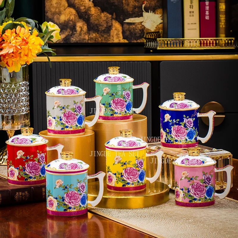 450ml Jingdezhen ceramic teacup household enamel colored tea cup bone china office water cup kitchenware drink