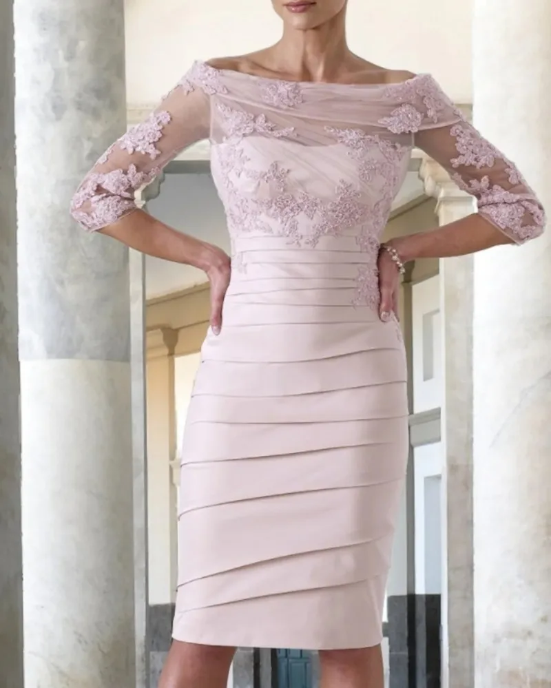 

2022 New Pink Lace Short Mother of the Bride Dresses Jewel Half Sleeve Knee Length Wedding Party Gowns Robe De Soiree