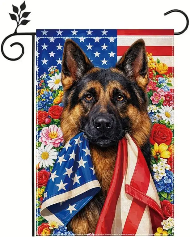 Patriotic German Shepherd Garden Flag 12x18 Inch, Double Sided Polyester Outdoor Yard Flag with American Flag Dog Floral Des PPZ