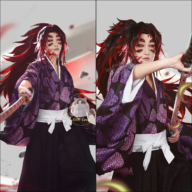 애니메이션 Kokushibo 코스프레 의상 악마 슬레이어 Kimetsu No Yaiba 코스프레 유니폼 Kokushibou 가발 할로윈 파티 의상 남성용