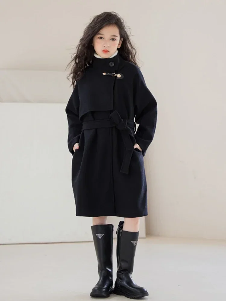 Teenage Girls Winter Wool Coat Mid-length Double-faced Tweed Overcoat for Kids Fashion Black 10 12 14 Years Children Outerwear