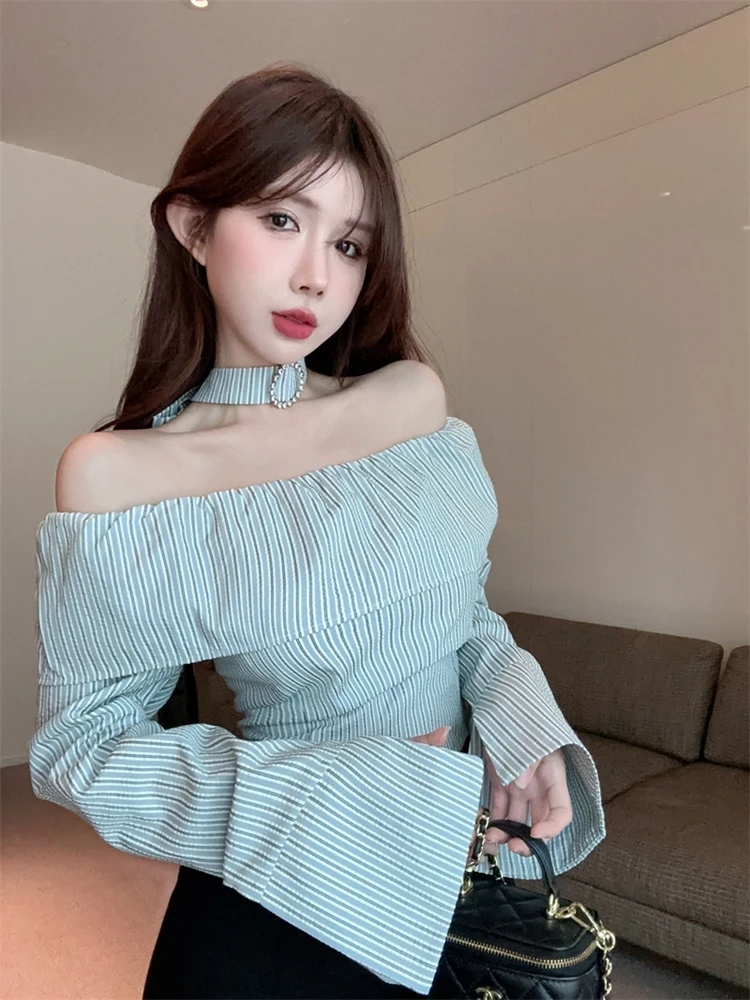 Sexy Off Shoulder Shirt Women Blue White Striped Slash Neck Slim Blouse Fashion Chic Lace-Up Long Sleeve Autumn Tops