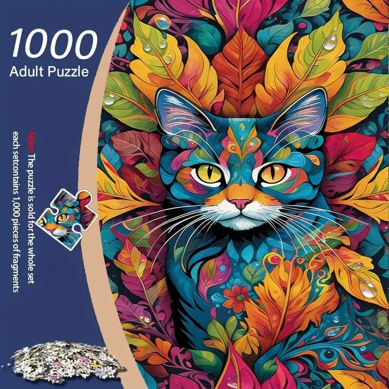 

1000pcs Psychedelic Cat Jigsaw Puzzle | Premium Cardboard, Portable, Senior Skill Level, Mixed Color, Whimsical Floral Design,