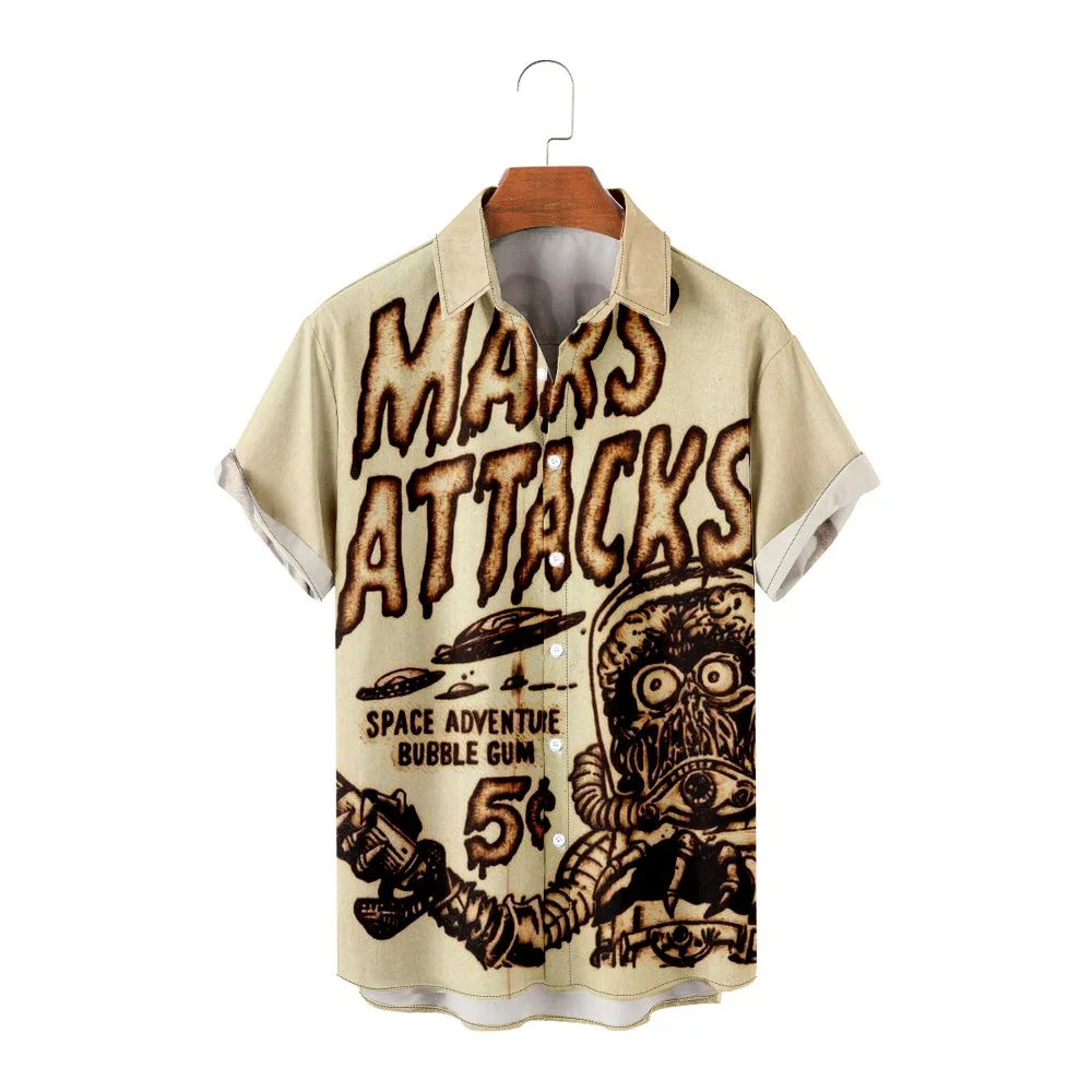 Street Style Men\'s Large Shirt Mars Attacks 3D Printed Hawaiian Shirt Summer Casual Beach Short Sleeved Top