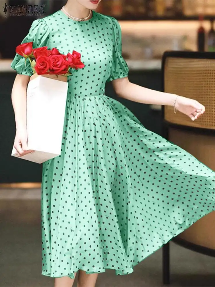 ZANZEA-vestido Midi de satén con estampado de lunares para mujer, abullonada elegante vestido de manga corta, bata de fiesta coreana Vintage, Vestidos de línea a con cintura colectora