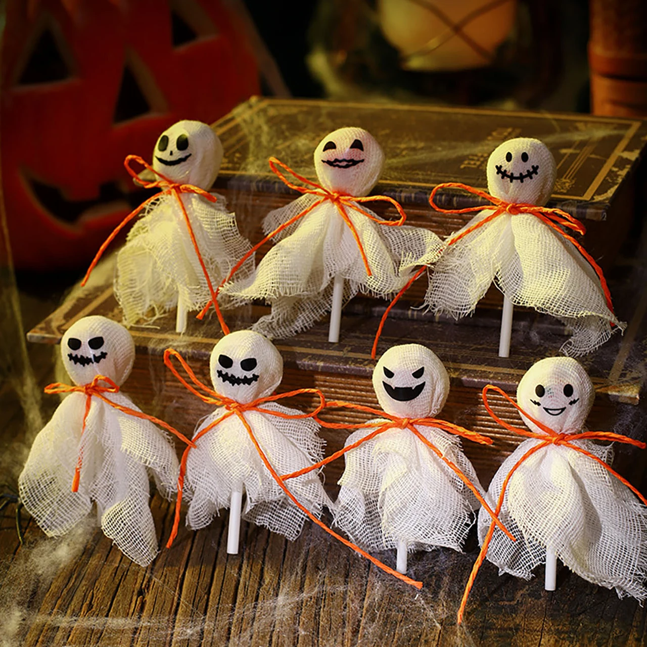 12 Uds. De decoración de piruletas de calabaza fantasma de Halloween, tela de embalaje de dulces DIY con pegatina, decoración, regalos para niños, suministros para fiesta de Halloween