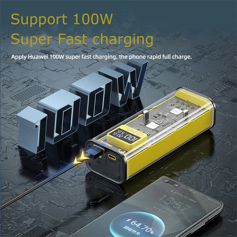 Large Capacity 20000mAh Power Bank For Laptop 100W Fast Charge Transparent Powerbank External Battery For iPhone Xiaomi Samsung