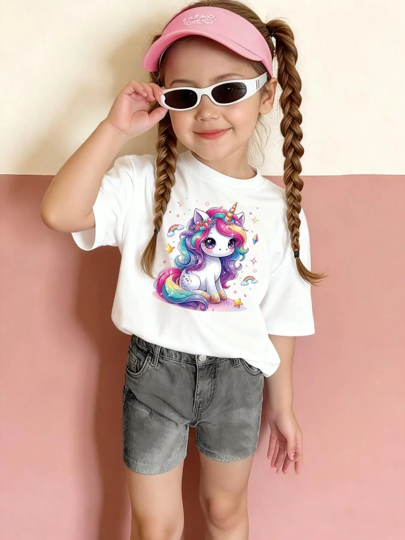 Cute Rainbow Unicorn Pattern Girls' Round Neck Short-Sleeved T-Shirt with Sweet Cartoon Pattern Print, Suitable for Girls Aged 4-11 to Wear When Going Out, at Home, or at School