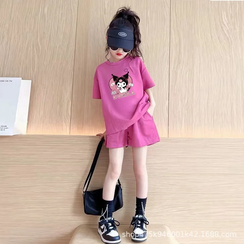 Anime Kuromi Fashion Suit Summer Children's T-Shirt Shorts Casual Two-Piece Set Cartoon Print Loose Short Sleeve Comfortable