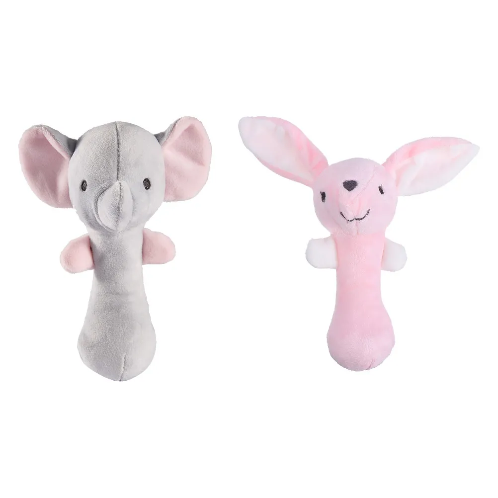 

2Pcs Cute Cartoon Elephant Bunny Hand Rattle for Baby Development Nursery Playroom Infant Grasp Sound Rattle Squeaker Stick