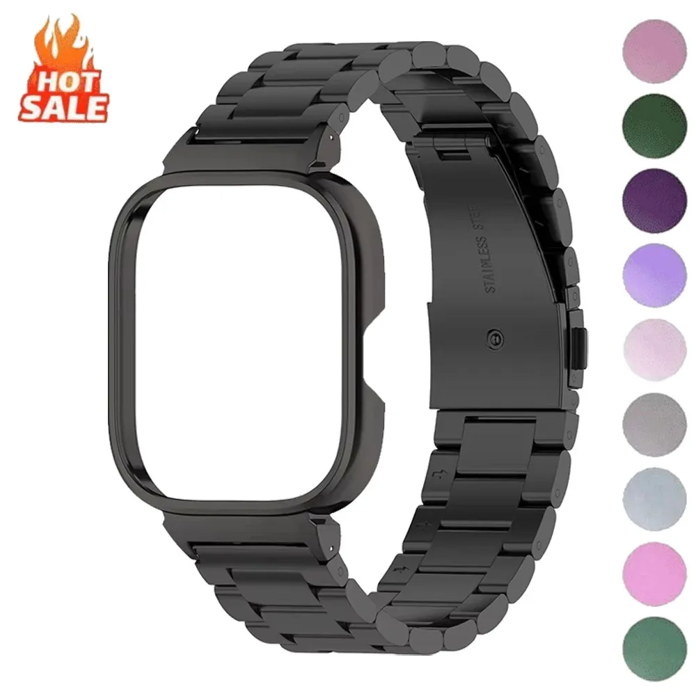 2 in1 Set Stainless Watch Strap + Case for Redmi Watch 6 Three-bead Stainless Steel Strap and Metal Protective Watch Case