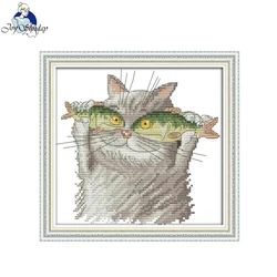 Joy Sunday I Love Fish Cat timbrato kit punto croce Aida contati tessuto 16/14/11CT DMC fili fai da te ricamo a mano set di aghi