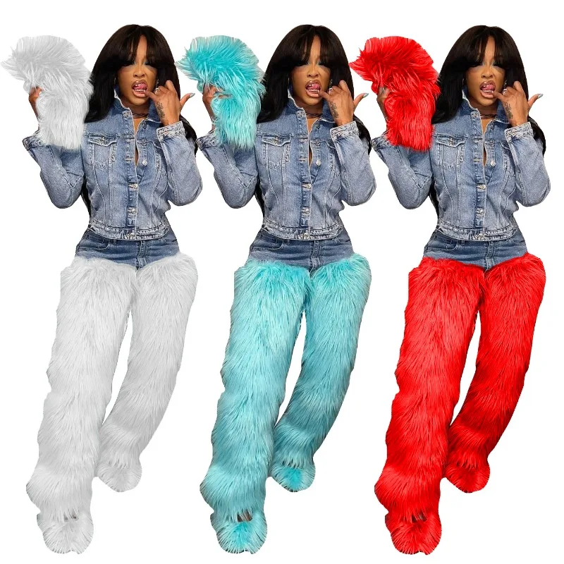 

Женские джинсы с меховым мехом, джинсовые лоскутные прямые брюки на молнии с высокой талией, осень-зима 2022, новые уличные сексуальные клубные брюки