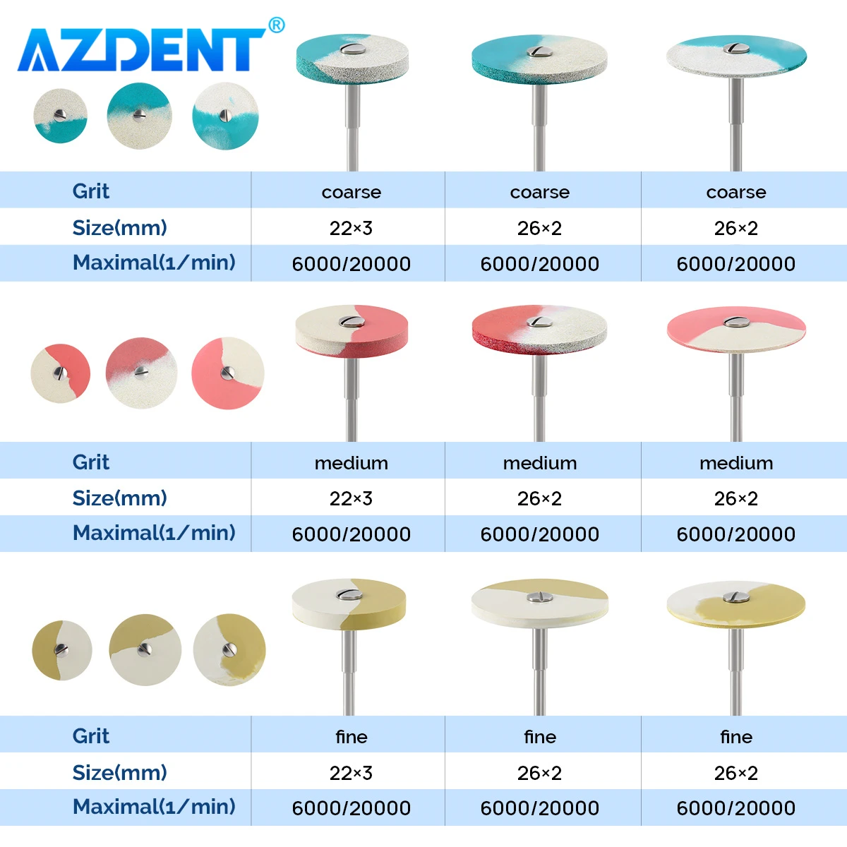 Dental Rubber Diamond Polisher Wheel AZDENT Disc HP 2.35mm La Dentistry Tool for Porcelain Zirconia Restorations 26*2mm/22*3mm