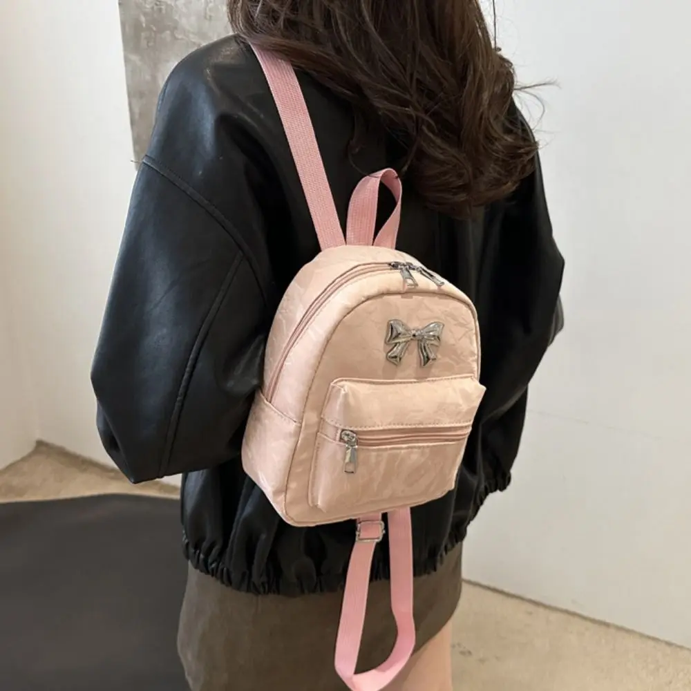 Cute Small Pack PU Bow Backpack Zipper Korean Style Solid Color Shoulder Bag Handbag Retro Crossbody Bag Girls