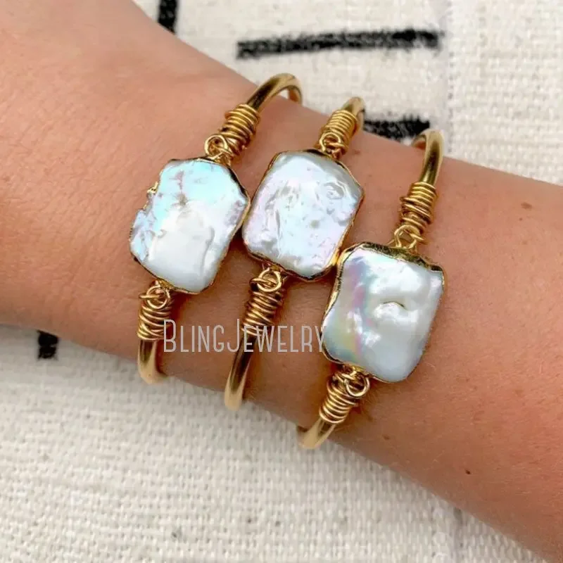 10pcs Women Cuff Bracelet Square K Gold Color White Freshwater Baroque Pearl Bangle Boho Bridesmaid Gift Wedding Jewelry