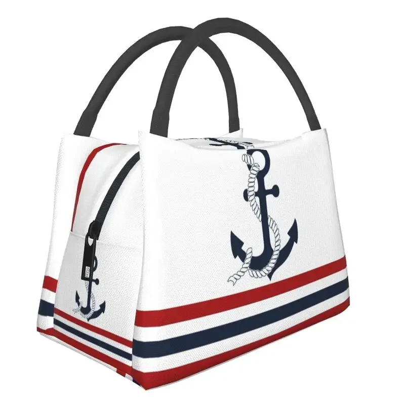 

Nautical Blue Anchors with Stripes Insulated Lunch Bag for Work Office Sailing Sailor Portable Thermal Cooler Lunch Box Women