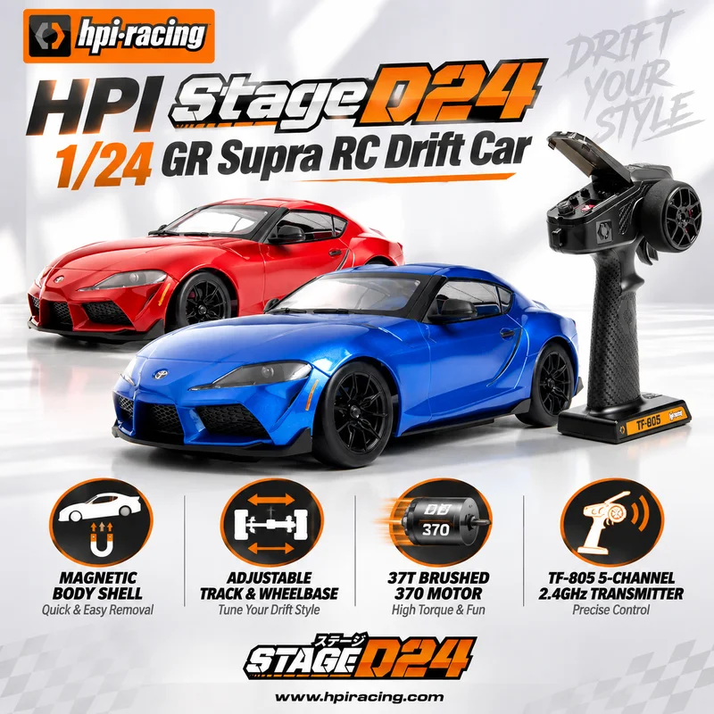 New 1/24 HPI Stage D24 Brushed Remote Control 5CH Simulation GR Supra Drift Racing Car Electric Desktop Model With LED And Track