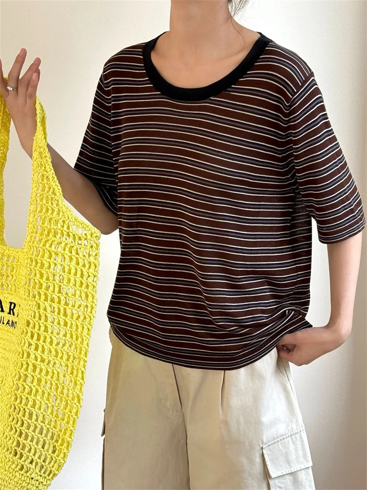 HanOrange 2026 Summer Lazy Contrasting Striped Lyocell Knitted Short Sleeved T-shirt Women Breathable Top Tees Navy Blue/Coffee