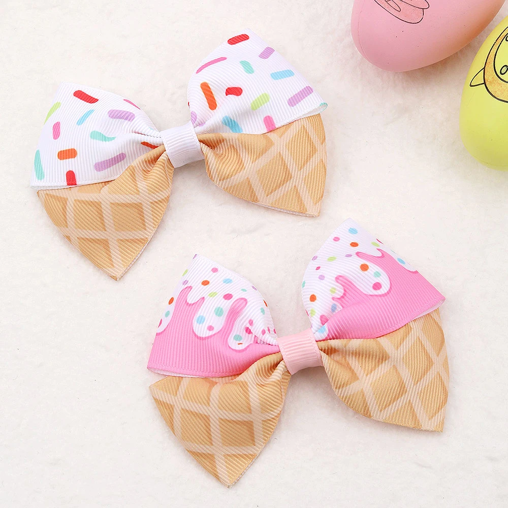 10PC of 5 Styles Cute Ice Cream Bow Hair Clips Grosgrain Ribbon Hair Clips for Girls Kids Hair Accessories Headwear Hair Pin