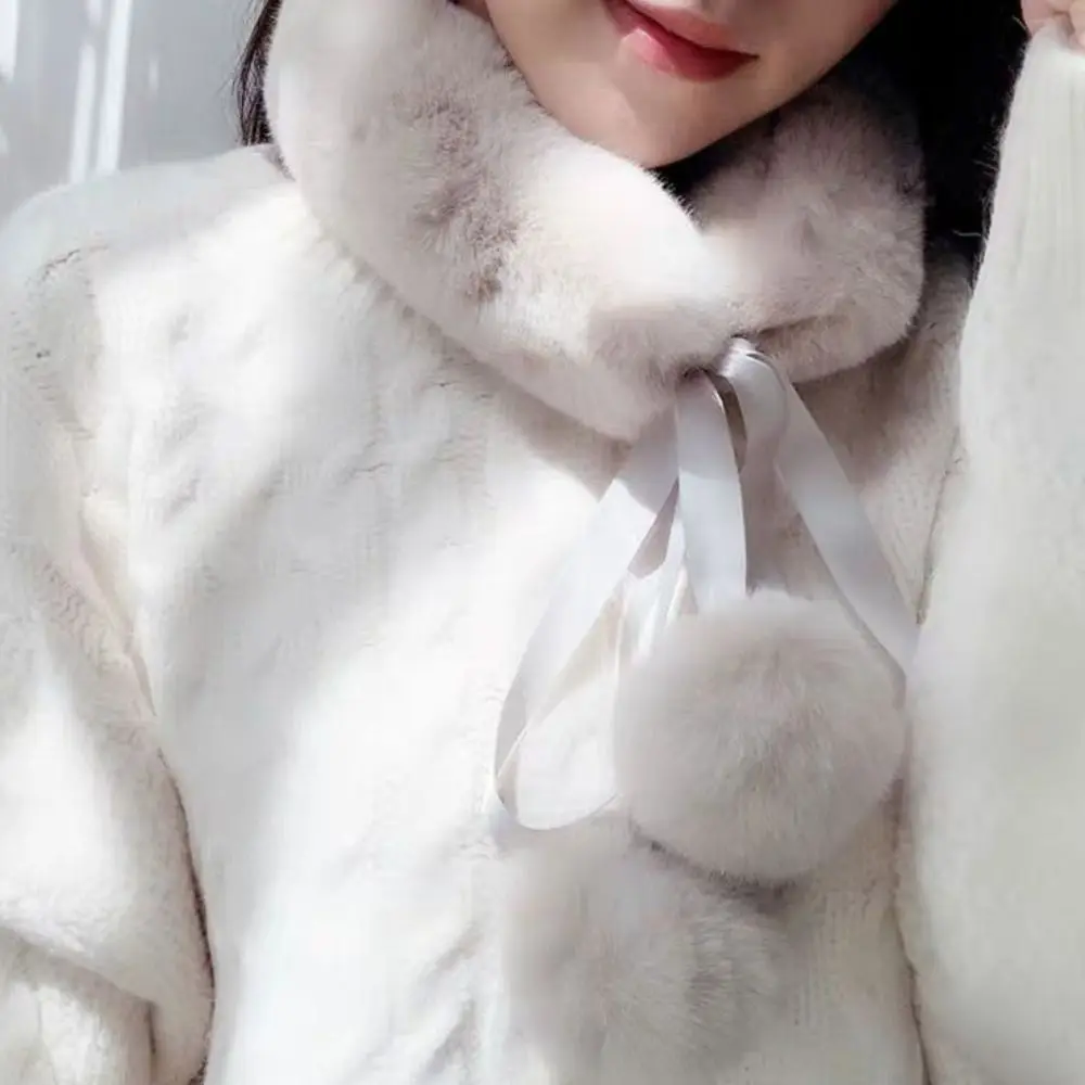 Cute Bow Fake Fur Scarf Collar Scarves Hairball Pendant Women Solid Color Plush Scarf Winter Warm Hanfu Fur Collar Accessories