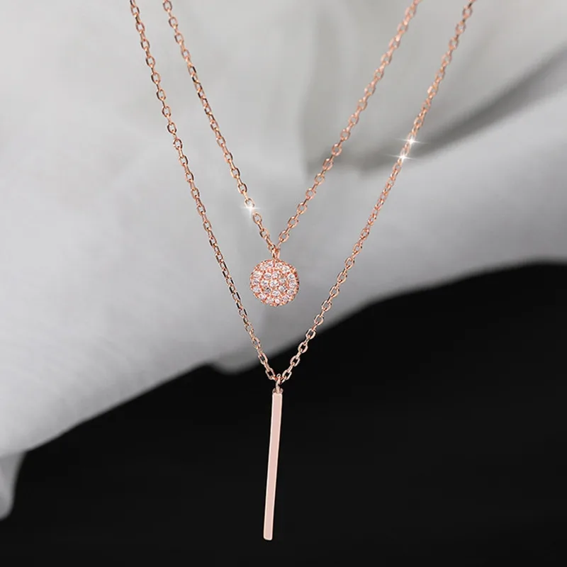 LATS New Shiny Round Plate Necklace Rose Rose Gold Color Exquisite Double Layer Clavicle Chain Necklace Jewelry for Women Gift