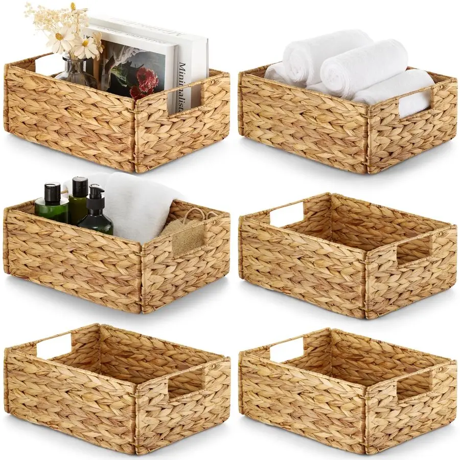 

Water Hyacinth Storage Baskets Set of 6 Woven Hyacinth Organizer with Carrying Handles, Laundry Basket for Organizing, Rattan B