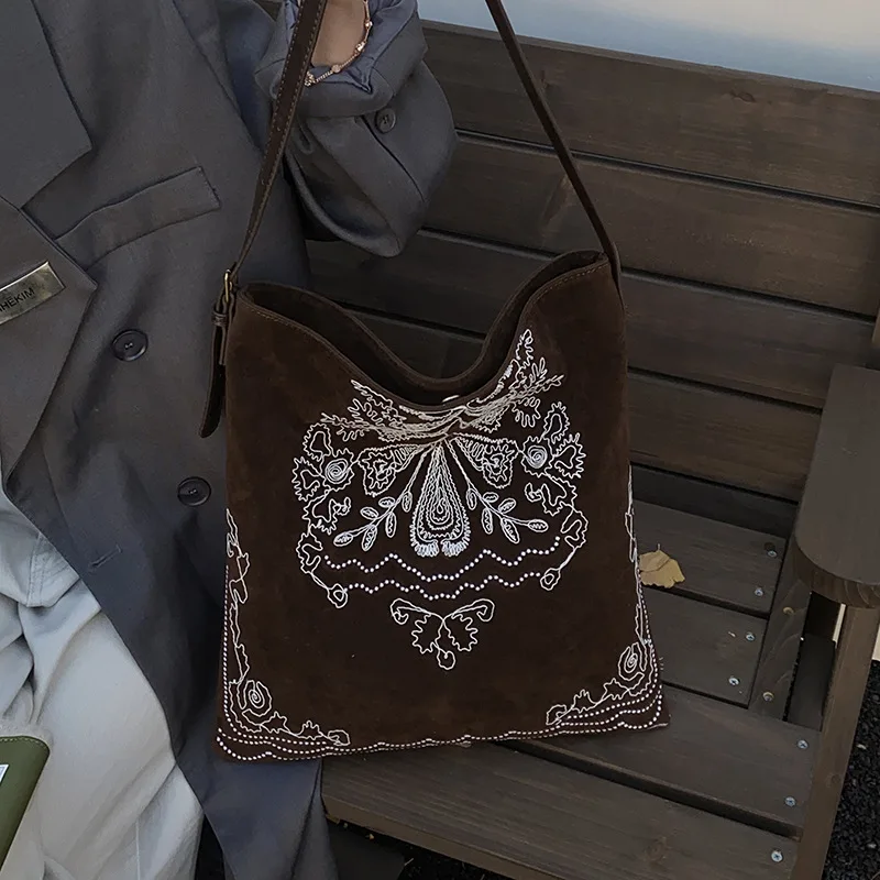 حقيبة يد مطرزة لعام 2025 للنساء، حقيبة كتف كبيرة بوهو شيك، متسوق قماش مريح بغرز زهور، نمط مريح #5