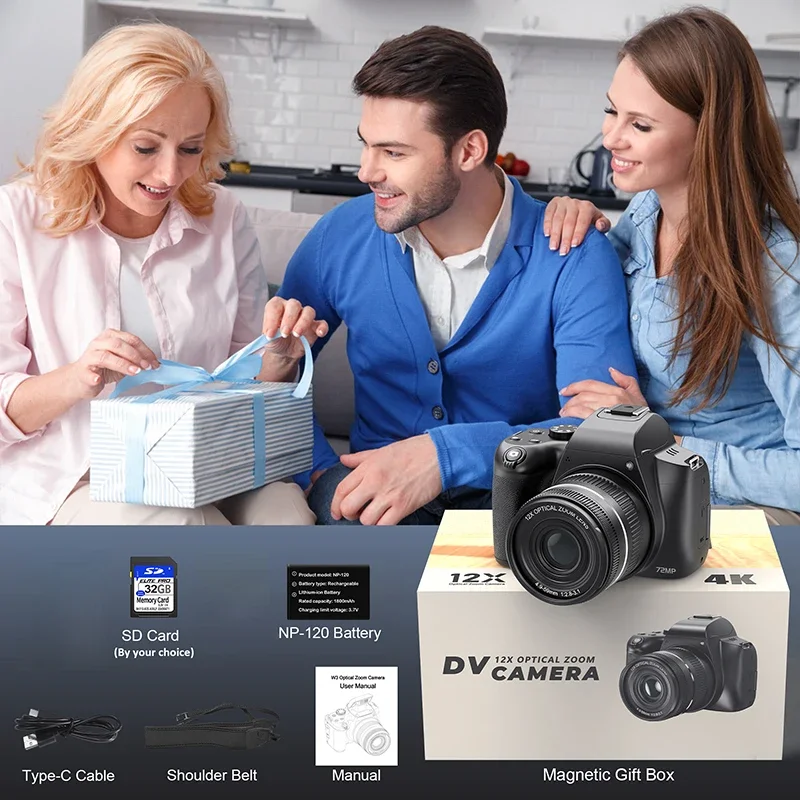 كاميرا رقمية 72 ميجابكسل 180 °   كاميرا فليب سكرون 3 بوصة SLR DSLR 4K للتصوير الفوتوغرافي 12X زووم بصري ضبط تلقائي للصورة كاميرا مضادة للاهتزاز