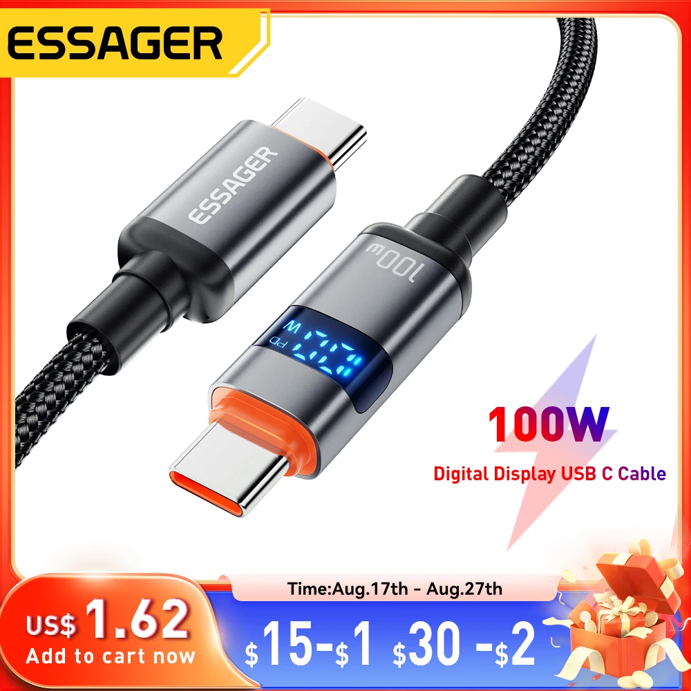 Essager pantalla Digital USB tipo C a Cable USB C para Huawei mate60 100W Cable de carga rápida para Macbook pro Xiaomi