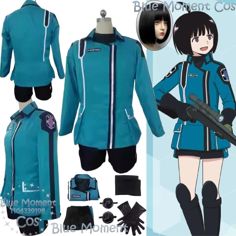 Amatori Chika Anime World Trigger Косплей Синяя боевая форма Пальто Рубашка Шорты Перчатки Парик Женщина Девушка Хэллоуин Карнавал