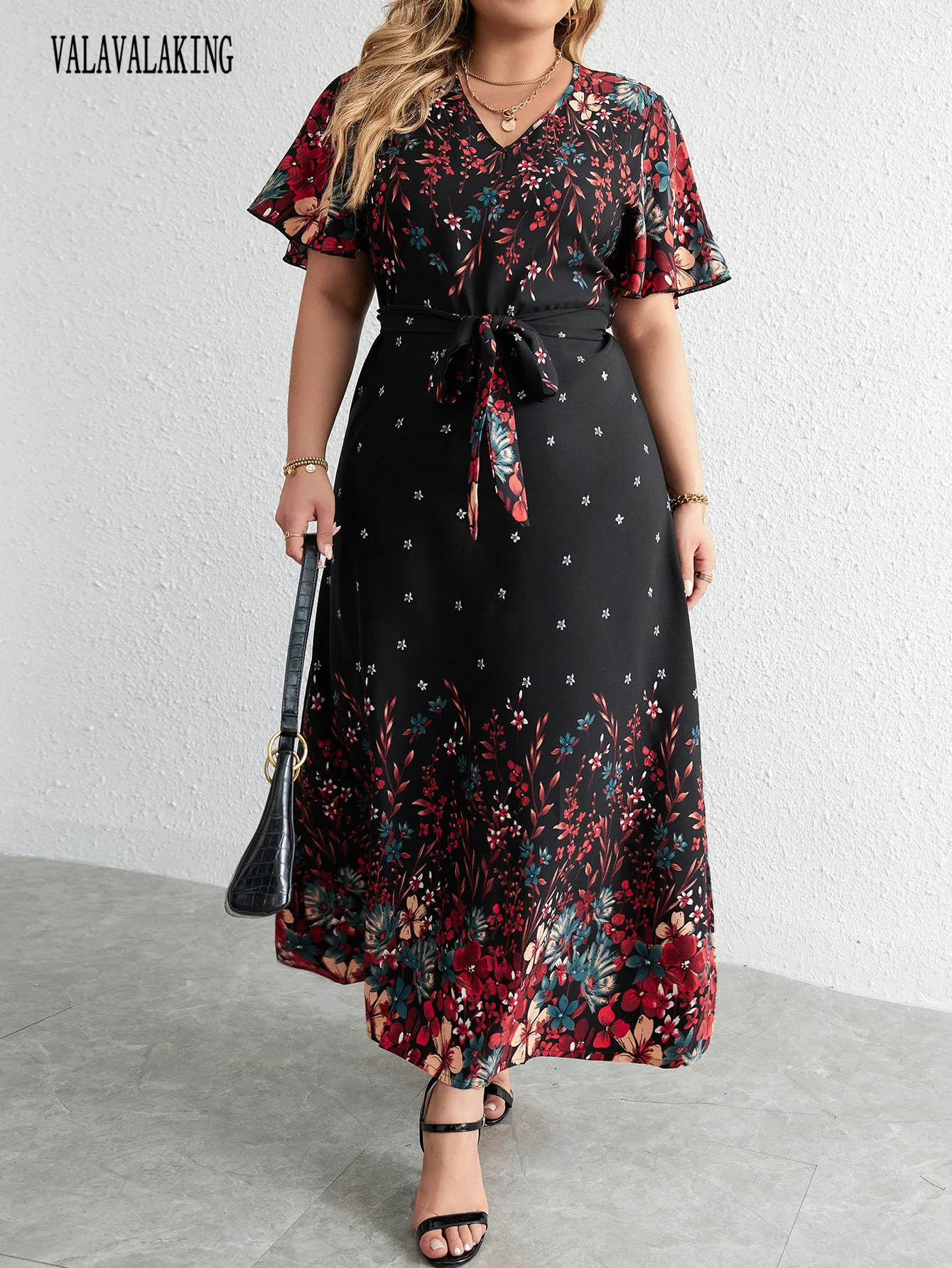 2025 Casual V-Neck Floral Print Plus Size Dress Women Ruffle Short Sleeve Large Midi Dress Lady Chubby Curvy Lace-Up Long Dress