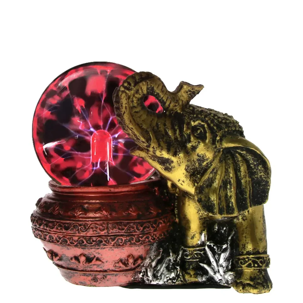 Gold Elephant Figurine Statue with Magic Plasma Ball, Lightning Crystal Globe, Nebula Touch, Desktop Resin Sculpture Decoration