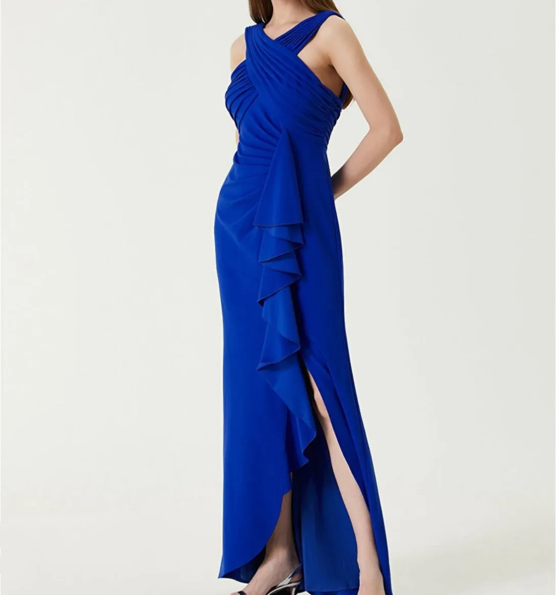 

Elegant Long Royal Blue Crepe Evening Dresses with Slit Mermaid Pleated فساتين السهرة Floor Length Prom Dress for Women