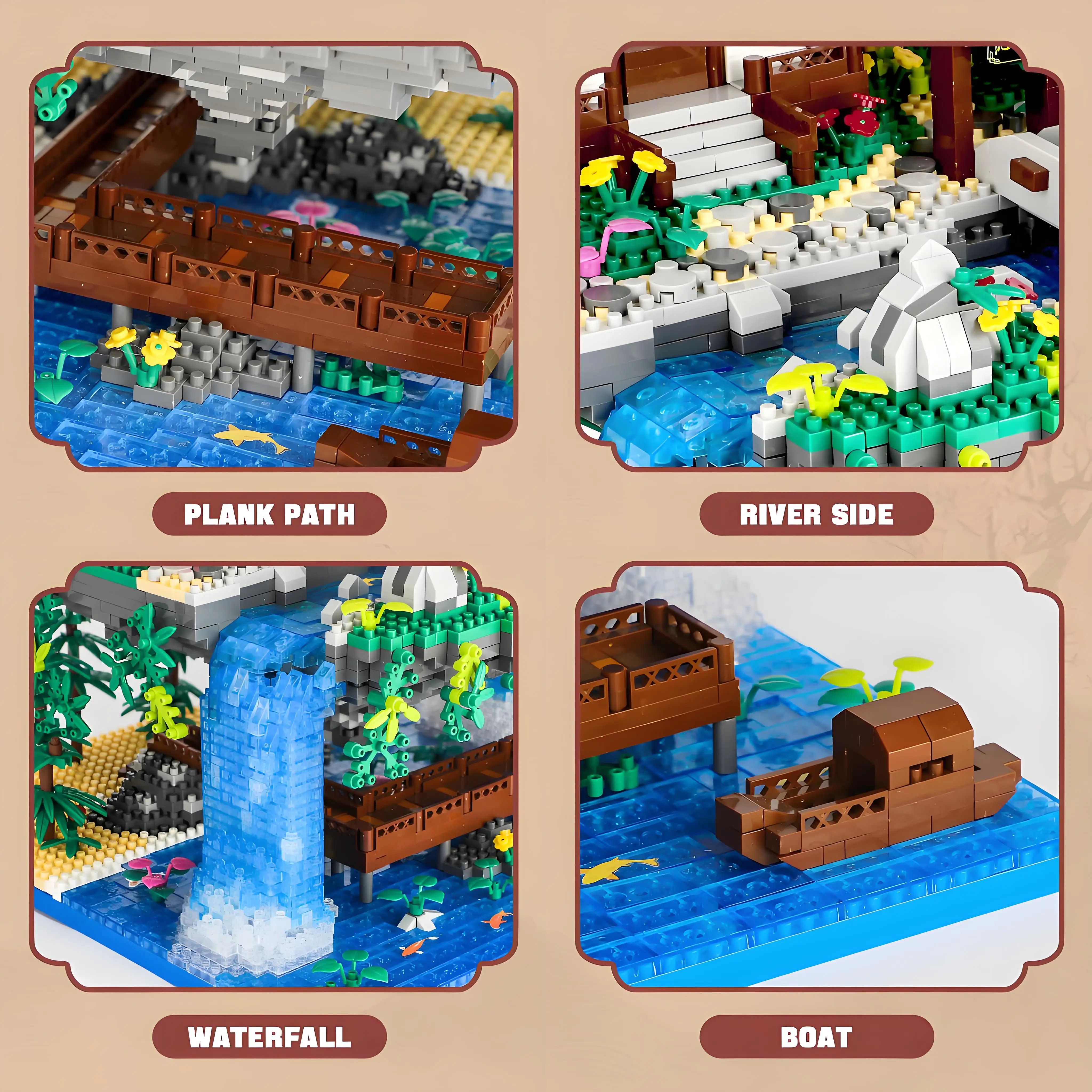 동양 정원 마이크로 빌딩 블록, LED 조명이 있는 복숭아꽃 분재 나무 - 홈 장식을 위한 DIY 미니어처 모델