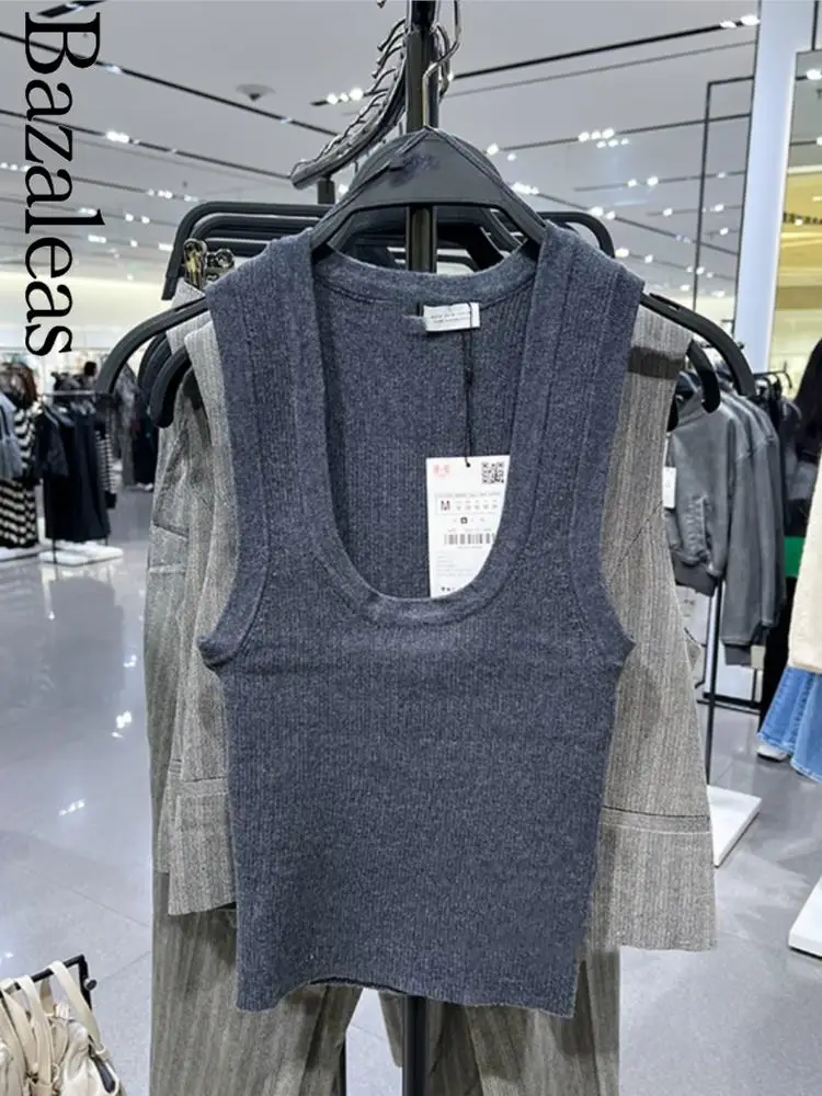  2024 Women Grey Knitted Vest Knitwear Tops Elasticwear Lady Trf Grey Vests Clothing