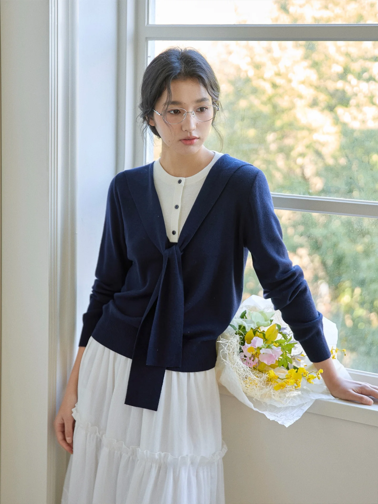 

Ultra-Fine Wool Knitted Long Sve Navy Collar Open Cardigan by Ginnkee Women's Premium Quali Blend Comfortable Fit Spring...