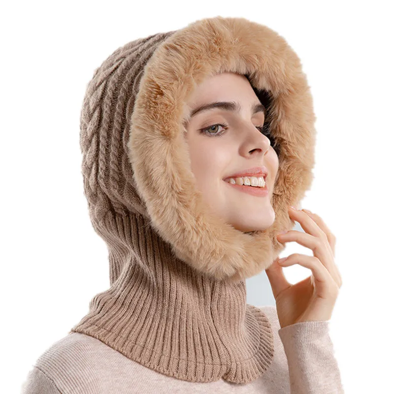 Winter Warm Hat for Women Russia Outdoor Plush Knitted Beanies Female Soft Fur Balaclava Cap All-in-one Ear Muffs Hoodies Hats