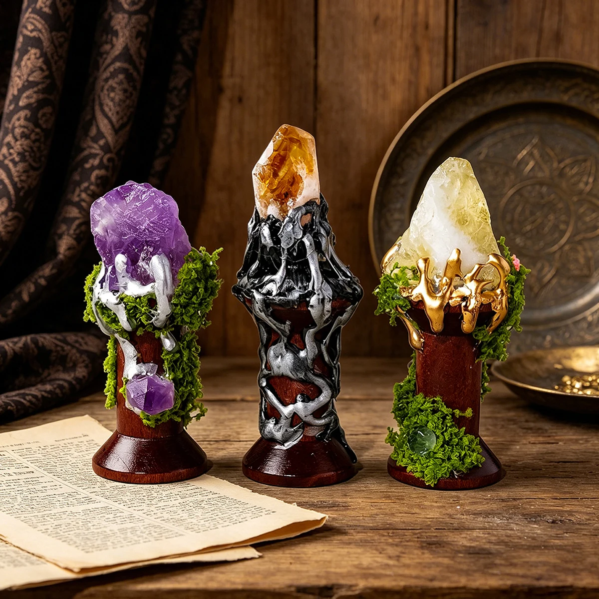 Handmade Mini Moss Crystal Tree Wand Natural Amethyst Citrine Clear Quartz Cluster Wooden Base Reiki Healing Desktop Decor Gift