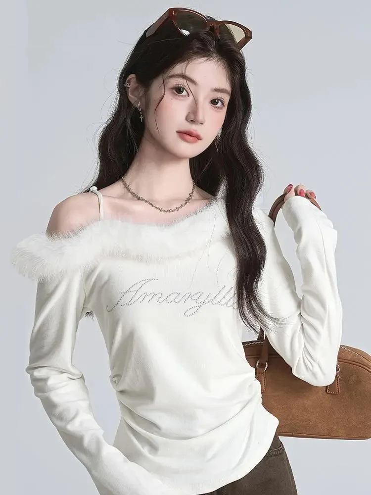 Women T Shirts Furry Patchwork Off Shoulder Long Sleeve Letter Slim Sexy Tops Y2k Autumn Fashion Female Casual Tee Shirt