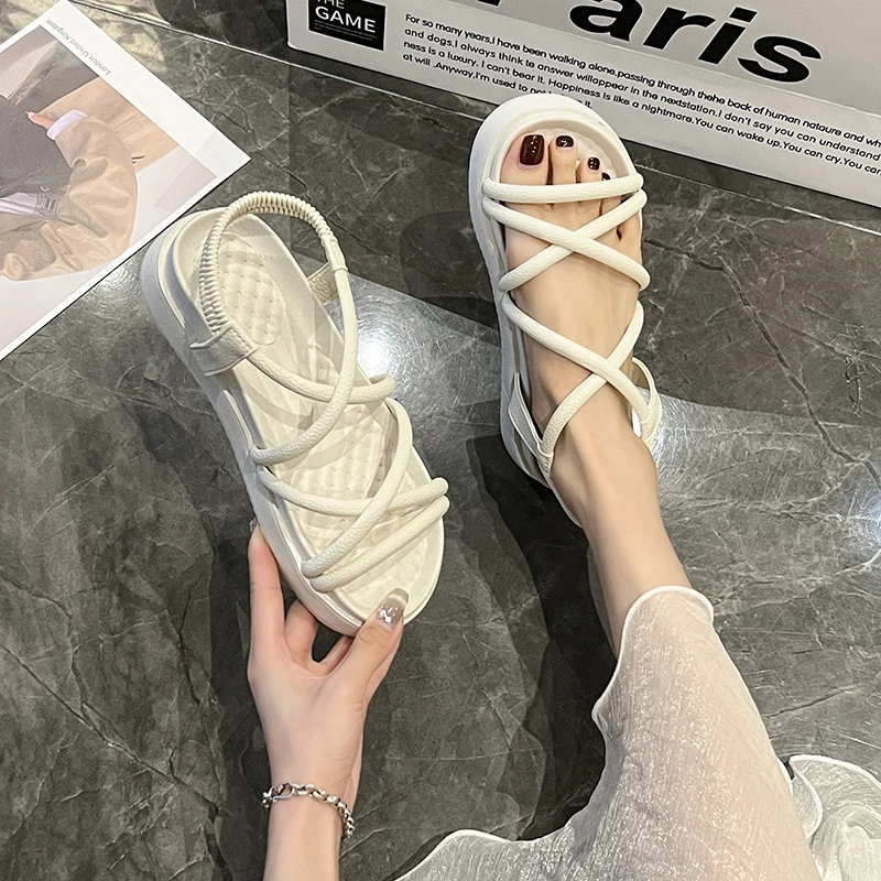 2023 Shoes for Women Elastic Band Women\'s Sandals Summer Casual Sandals Women Narrow Band Thick Bottom Shoes Ladies ZapatosMujer